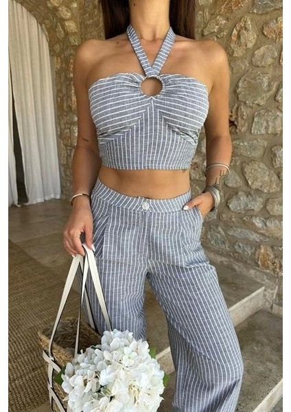 Vesna Keten Çizgili Crop Takım 9806-0025