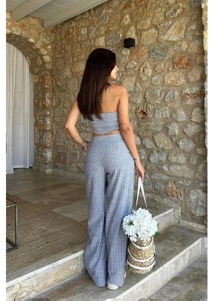 Vesna Keten Çizgili Crop Takım 9806-0025