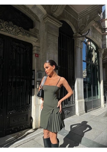 Iki Parçalı Pileli Askılı Mini Elbise - Haki fiyatları