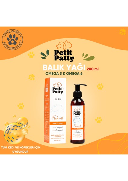 Petitpatty Fish Oil 200ML Kedi ve Köpekler Için Omega 3 ve 6 Içerikli Balık Yağı