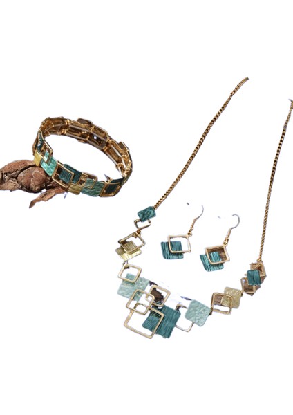 Yüksek Dereceli Bayan Renk Boyama Yağı Geometrik Kare Küpe Bilezik Kolye Seti (Yurt Dışından)