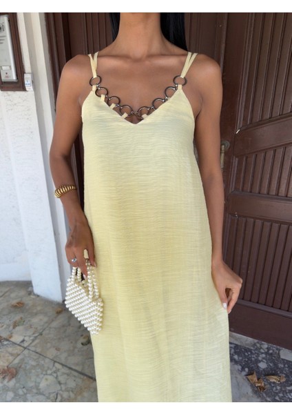 Kadın Göğüs Halka Detay Askılı Keten Elbise modelleri