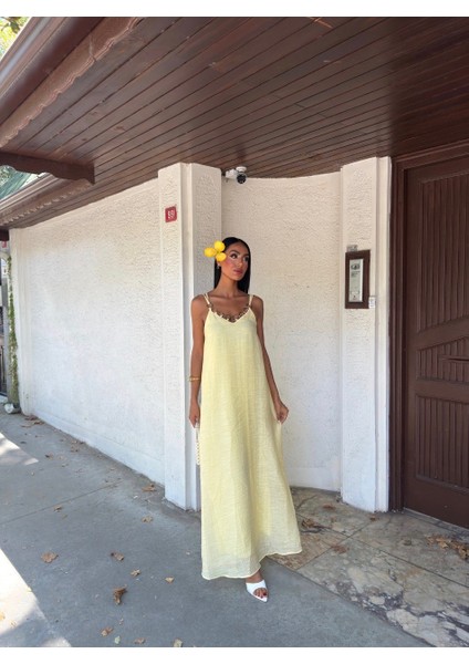 Kadın Göğüs Halka Detay Askılı Keten Elbise