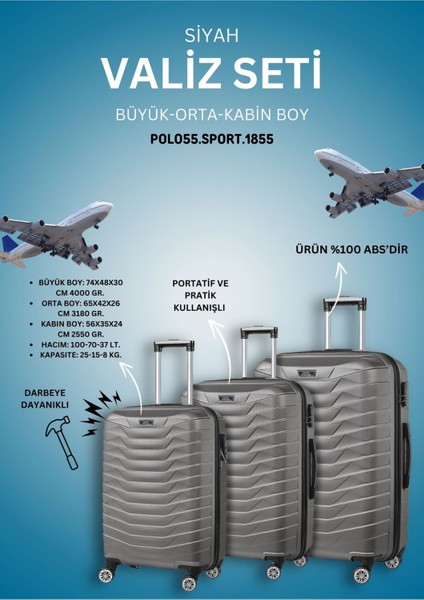 ABS Gri 3'lü Valiz Seti – Büyük Boy, 360° Döner Tekerlek, Teleskopik Sap ve Şifreli Kilit Özellikli indirimleri