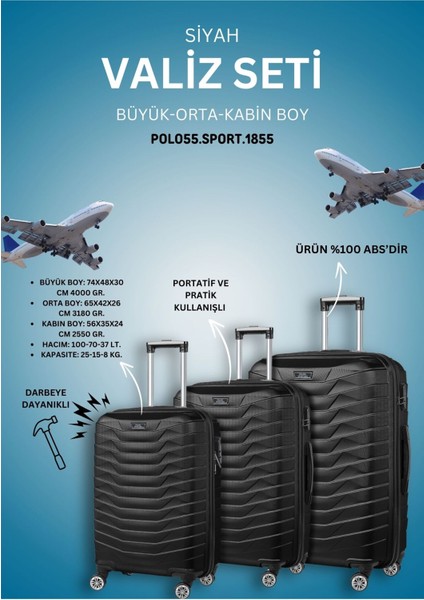 ABS Şifreli Kilitli 360° Döner Tekerlekli Siyah 3'lü Valiz Seti – Dayanıklı ve Hafif Seyahat Çantaları