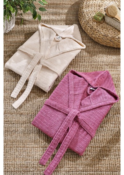 Quina 2'li Kapüşonlu Oversize Pamuk Unisex Bornoz Seti – Yumuşak Dokulu, Renkli Desenli, L-XL Beden indirimleri