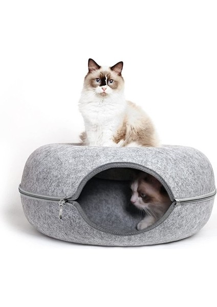 Donut Kedi Tüneli Keçe Fermuarlı Yastık - Gri (Yurt Dışından)
