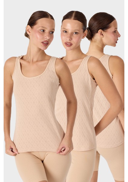 Kadın Ten Rengi 3'lü Kalın Askılı %100 Pamuk Jakarlı Atlet 3M354 354