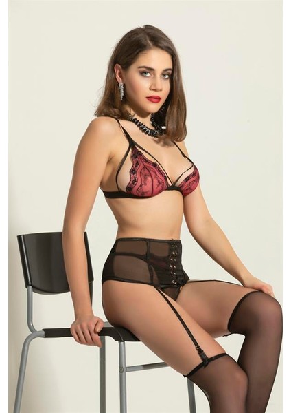 Fantezi Üçgen Sütyen Jartiyer Takım Bordo (MGP6402)