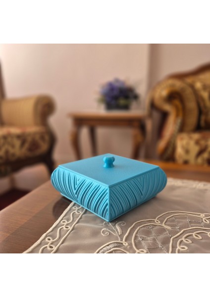 Mavi Dekoratif Takı Kutusu – Şık Kapaklı Takı ve Aksesuar Saklama Kutusu, 3D Baskı Modern Tasarım