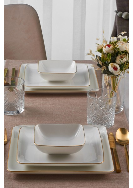 Kansas 18 Parça 6 Kişilik Beyaz Kare Yemek Takımı – Altın File Detaylı Şık ve Sade Tasarım
