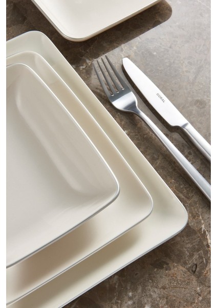 Kansas 18 Parça 6 Kişilik Kare Tabaklı Beyaz Yemek Takımı – Gümüş File Desenli Şık Tasarım modelleri