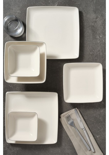 Kansas 18 Parça 6 Kişilik Kare Tabaklı Beyaz Yemek Takımı – Gümüş File Desenli Şık Tasarım fırsatları