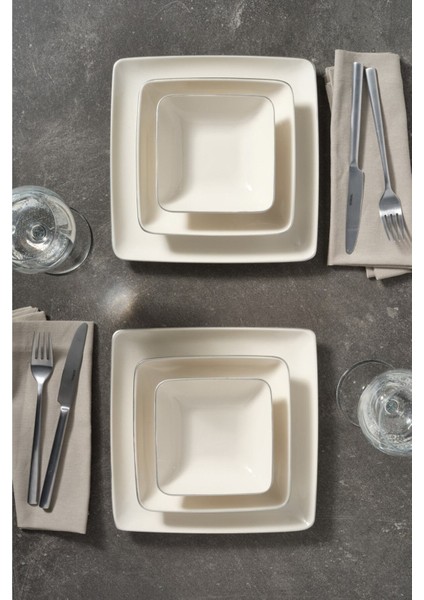 Kansas 18 Parça 6 Kişilik Kare Tabaklı Beyaz Yemek Takımı – Gümüş File Desenli Şık Tasarım indirimleri