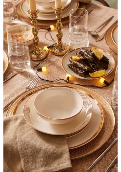 Gold Line 24 Parça 6 Kişilik Altın Renk Yuvarlak Porselen Yemek Takımı – Zarif ve Modern Tasarım