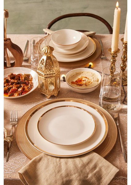 Gold Line 24 Parça 6 Kişilik Altın Renk Yuvarlak Porselen Yemek Takımı – Zarif ve Modern Tasarım