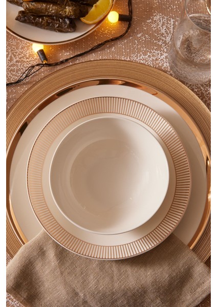 Gold Line 24 Parça 6 Kişilik Altın Renk Yuvarlak Porselen Yemek Takımı – Zarif ve Modern Tasarım