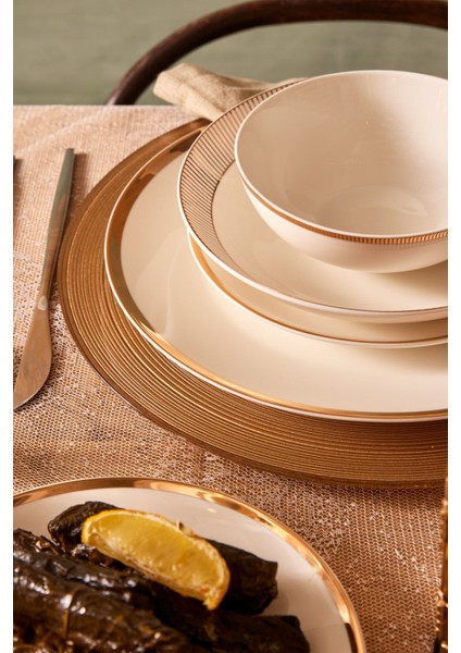 Gold Line 24 Parça 6 Kişilik Altın Renk Yuvarlak Porselen Yemek Takımı – Zarif ve Modern Tasarım