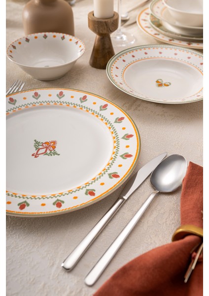 24 Parça Porselen Yemek Takımı – 6 Kişilik, Renkli Desenli Yuvarlak Tabaklar, Bulaşık Makinesine Uygun