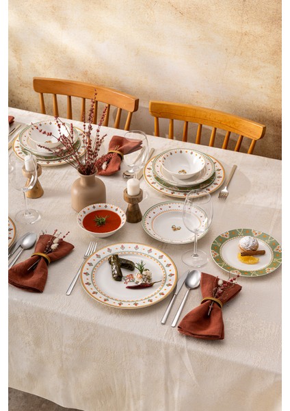 24 Parça Porselen Yemek Takımı – 6 Kişilik, Renkli Desenli Yuvarlak Tabaklar, Bulaşık Makinesine Uygun