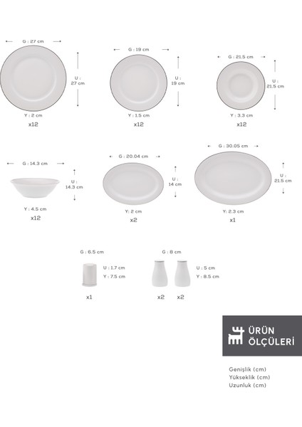 Bone Collection Lexi 53 Parça 12 Kişilik Platin Detaylı Gri New Bone Yemek Takımı – Hafif, Zarif ve Şık Tasarım