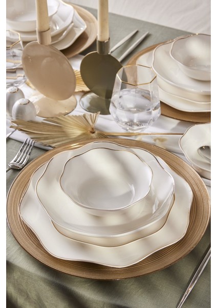 Lotus Fine Bone 53 Parça 12 Kişilik Beyaz Yemek Takımı – Sade ve Şık Tasarım, Altın Detaylı