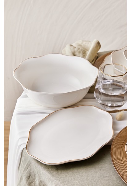 Lotus Fine Bone 53 Parça 12 Kişilik Beyaz Yemek Takımı – Sade ve Şık Tasarım, Altın Detaylı
