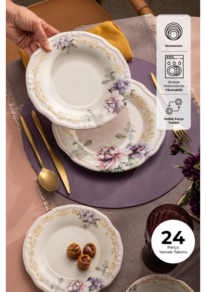 Flory 24 Parça 6 Kişilik Beyaz Porselen Yemek Takımı – Sade Yuvarlak Tasarımlı Şık Tabak Seti