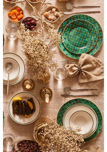 Forever Bone Zümrüt 24 Parça 6 Kişilik Yeşil Porselen Yemek Takımı – Zarif ve Modern Tasarım