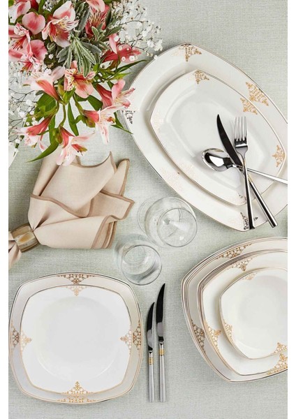 Milania Square Bone Porselen 60 Parça 12 Kişilik Beyaz Kare Yemek Takımı – Zarif ve Modern Tasarım