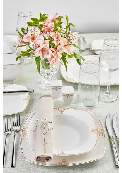 Milania Square Bone Porselen 60 Parça 12 Kişilik Beyaz Kare Yemek Takımı – Zarif ve Modern Tasarım