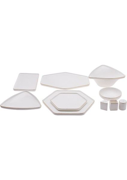 Stream Bone Geo 59 Parça 12 Kişilik New Bone Yemek Takımı – Beyaz, Altın Detaylı Modern Geometrik Tasarım