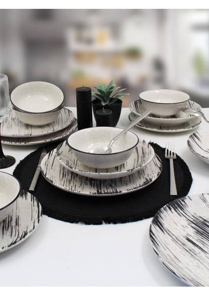 Anka 48 Parça 12 Kişilik Siyah Desenli Yuvarlak Seramik Yemek Takımı, Mikrodalga ve Bulaşık Makinesine Uygun fırsatları