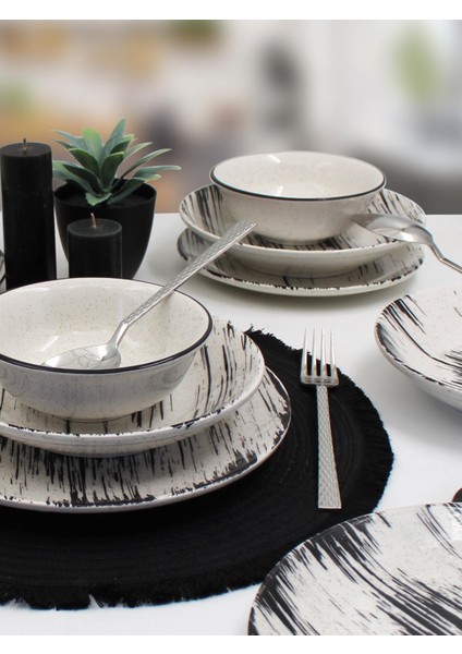 Anka 48 Parça 12 Kişilik Siyah Desenli Yuvarlak Seramik Yemek Takımı, Mikrodalga ve Bulaşık Makinesine Uygun indirimleri