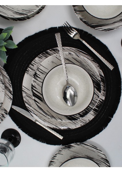 Anka 48 Parça 12 Kişilik Siyah Desenli Yuvarlak Seramik Yemek Takımı, Mikrodalga ve Bulaşık Makinesine Uygun