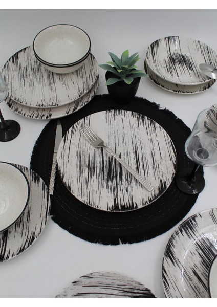 Anka 48 Parça 12 Kişilik Siyah Desenli Yuvarlak Seramik Yemek Takımı, Mikrodalga ve Bulaşık Makinesine Uygun