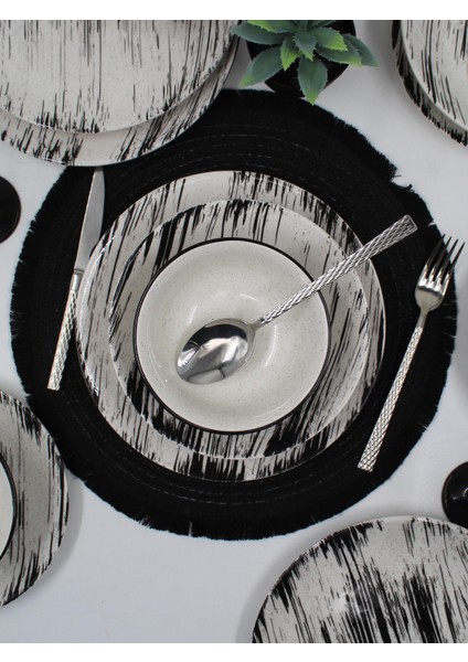 Anka 48 Parça 12 Kişilik Siyah Desenli Yuvarlak Seramik Yemek Takımı, Mikrodalga ve Bulaşık Makinesine Uygun