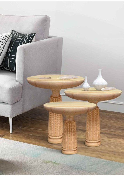 Doğal Masif Ahşap Mantar Sehpa Seti – 3’lü Naturel Renk Zigon Fiskos Sehpa