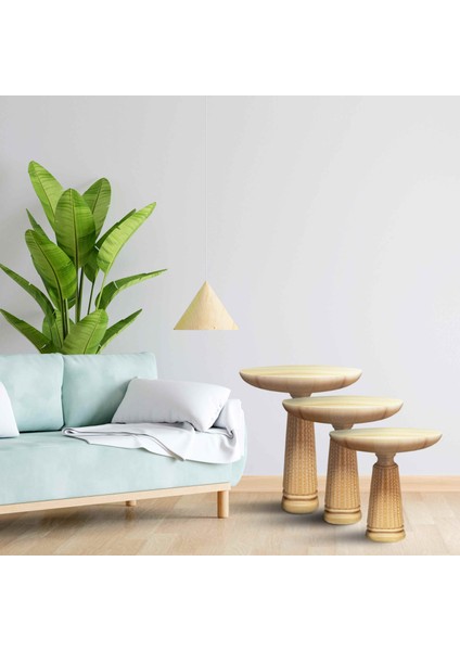 Doğal Masif Ahşap Mantar Sehpa Seti – 3’lü Naturel Renk Zigon Fiskos Sehpa modelleri