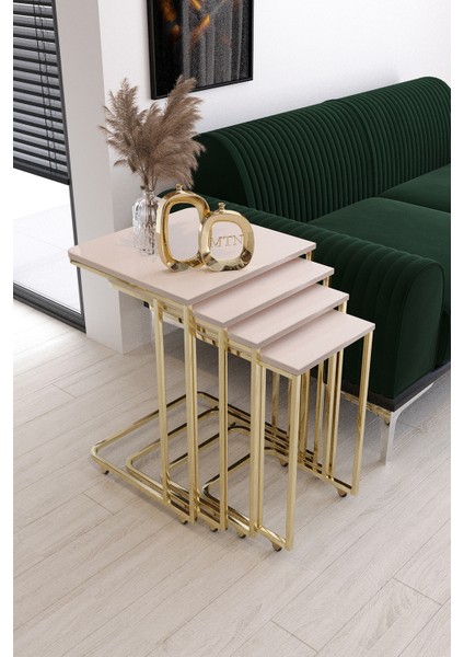 Sedef4'lü Tekerli Kare Zigon Gold Kaplama Krem Mdf