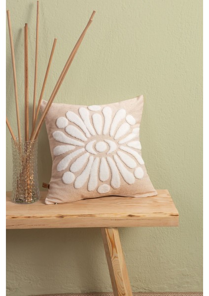 Boho Bej Punch Desenli Pamuk ve Mikro Polyester Çift Yönlü Gizli Fermuarlı Dekoratif Kırlent Kılıfı