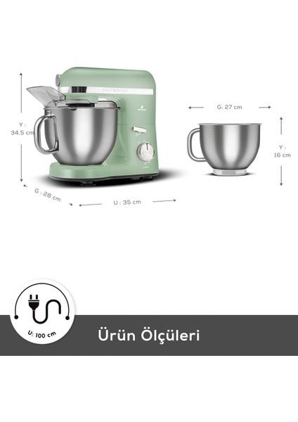 Mastermaid Chef Pro Çift Kollu Stand Mikser 1750W, 5 L Paslanmaz Çelik Hazne, Soft Green, 6 Kademeli Hız Ayarı fırsatları