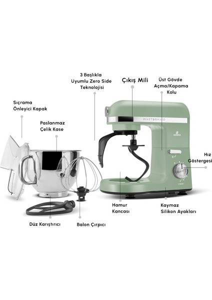 Mastermaid Chef Pro Çift Kollu Stand Mikser 1750W, 5 L Paslanmaz Çelik Hazne, Soft Green, 6 Kademeli Hız Ayarı indirimleri