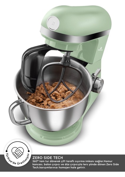 Mastermaid Chef Pro Çift Kollu Stand Mikser 1750W, 5 L Paslanmaz Çelik Hazne, Soft Green, 6 Kademeli Hız Ayarı