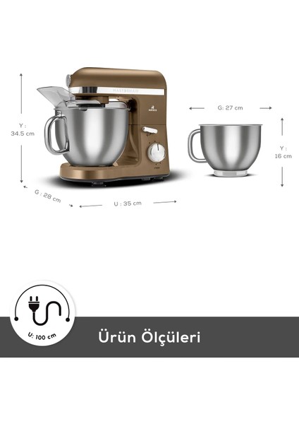 Mastermaid Chef Pro Çift Kollu 1750 W Stand Mikser – Ceviz Kahverengi, Yüksek Güçlü ve Dayanıklı Mutfak Yardımcısı