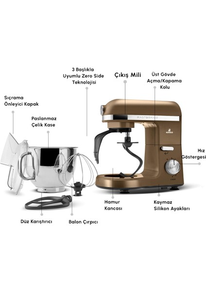 Mastermaid Chef Pro Çift Kollu 1750 W Stand Mikser – Ceviz Kahverengi, Yüksek Güçlü ve Dayanıklı Mutfak Yardımcısı
