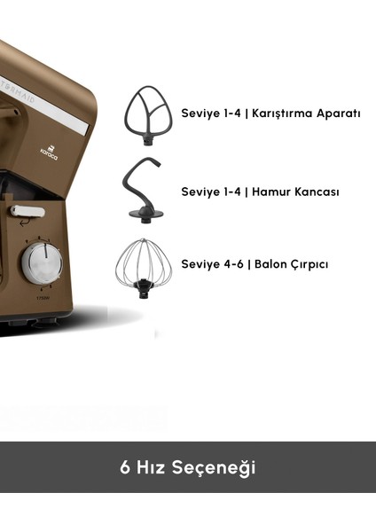 Mastermaid Chef Pro Çift Kollu 1750 W Stand Mikser – Ceviz Kahverengi, Yüksek Güçlü ve Dayanıklı Mutfak Yardımcısı