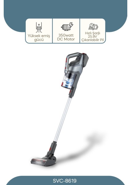 SVC-8619 29.6V Şarjlı Dikey Süpürge – HEPA Filtreli, Multi Cyclone Teknolojili, Güçlü ve Pratik Kullanım