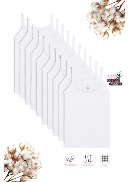 Özkan 0805 10'lu Paket Kız Çocuk %100 Pamuklu Ribana Esnek Rahat Yakası Brode Papatya Detaylı Ip Askılı Atlet