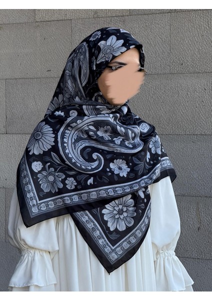 Pamuklu Flora Desen Eşarp-Siyah/gri fiyatları